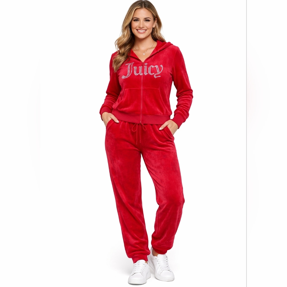 Juicy Couture Tracksuit - Red Velour Rhinestone Logo Loungewear Set (L)